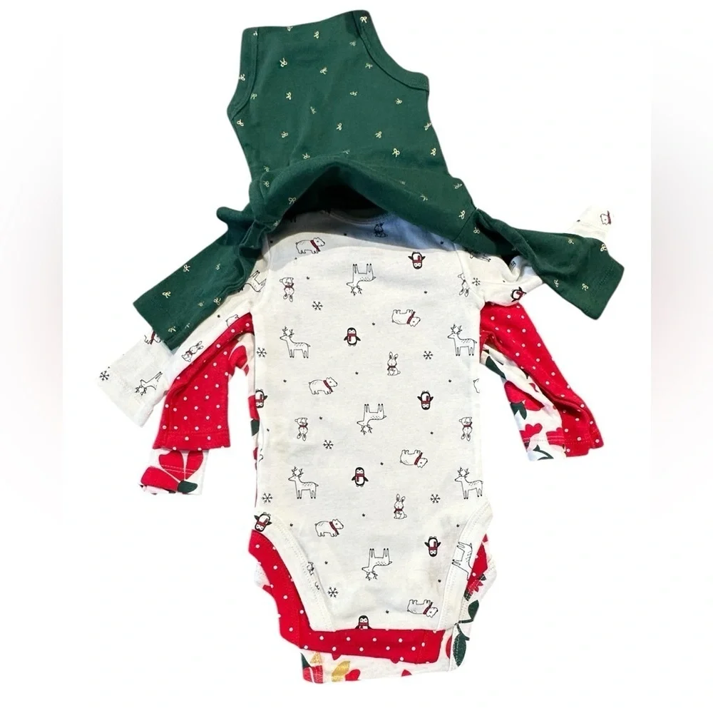 Carter’s NWT 4-Pack Christmas Bodysuits Long Sleeve Girls NB 3M